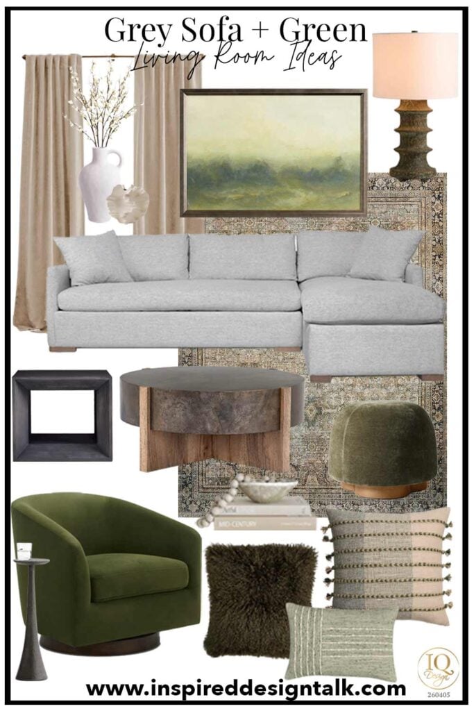 grey sofa living room with green decor