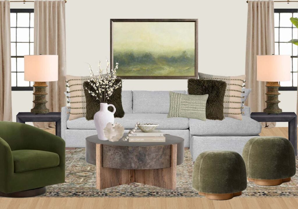 grey sofa with green decor