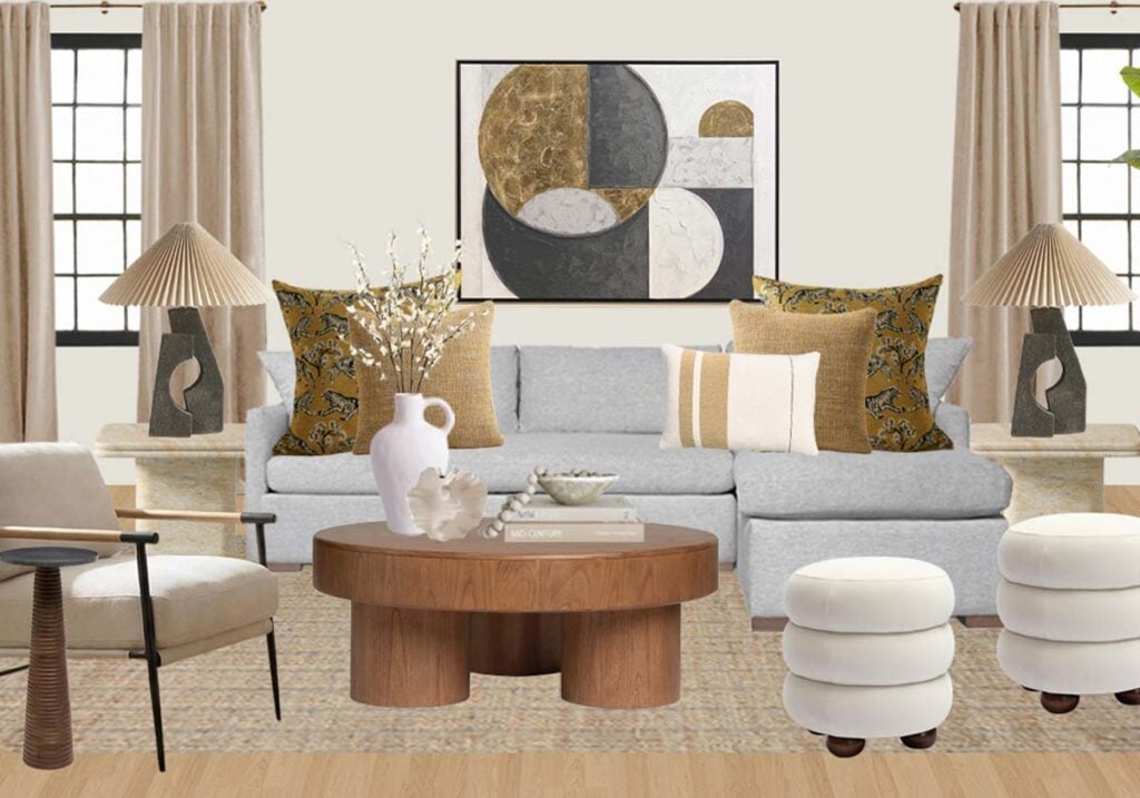grey sofa with mustard