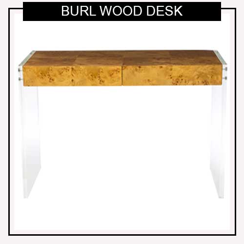 burlwood desk with lucite sides
