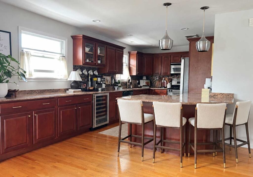 kitchen with wood upholstered stool