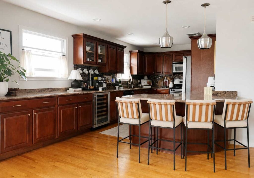 kitchen with mixed material stool