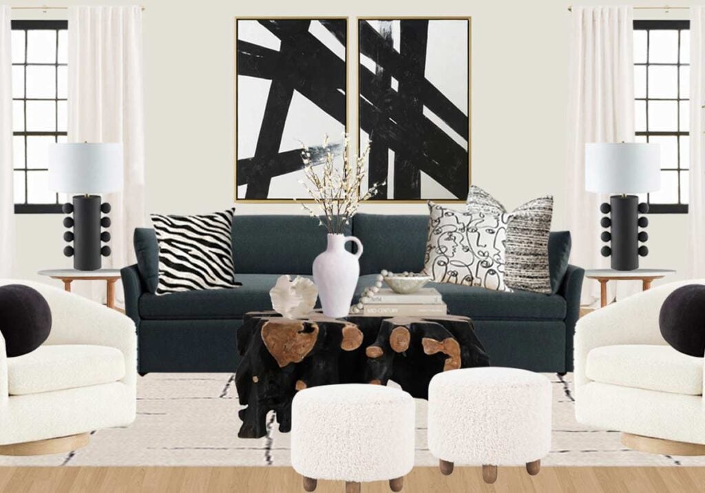navy sofa with black living room
