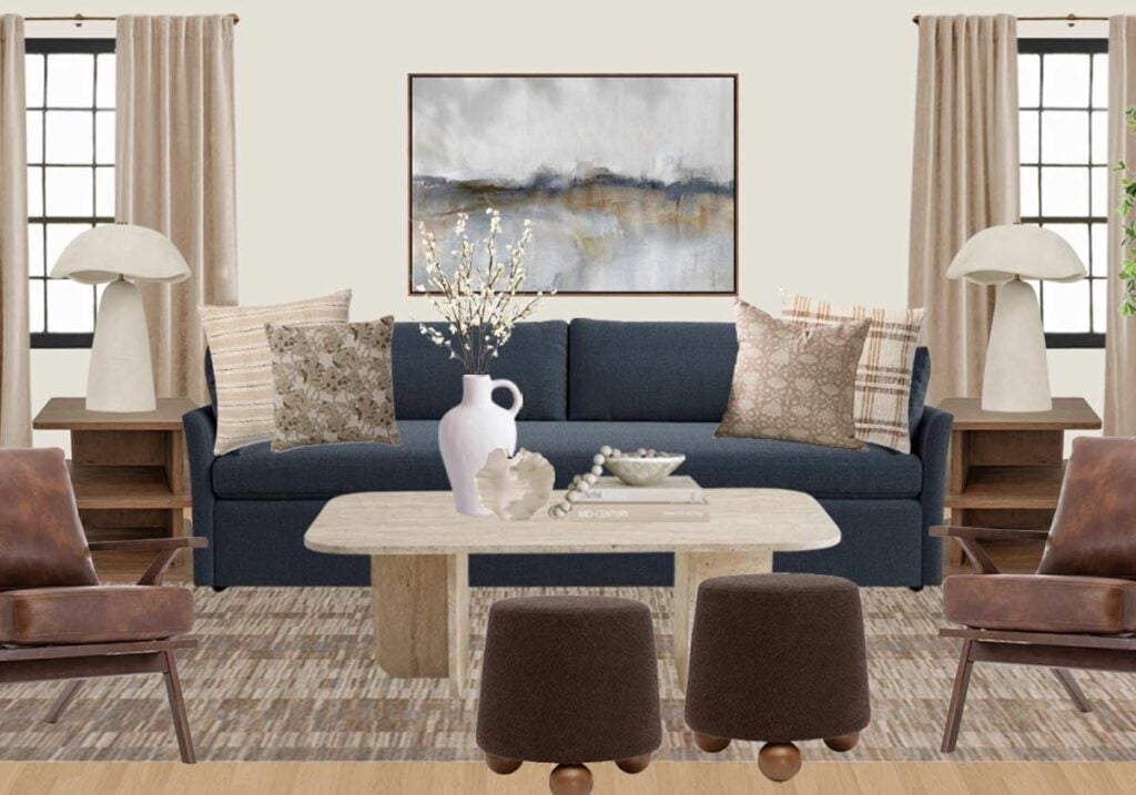 navy sofa with brown living room