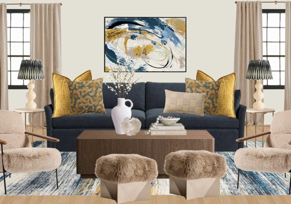navy sofa with gold living room