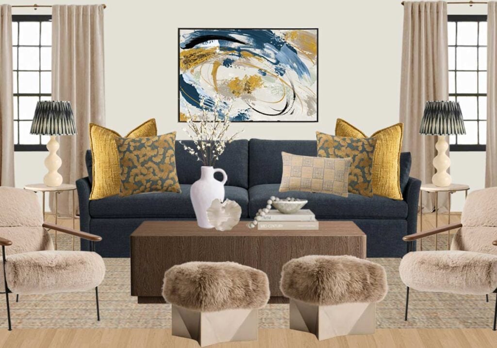 navy sofa with gold living room