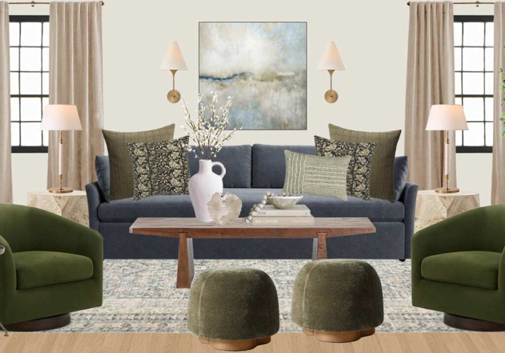 navy sofa with green living room