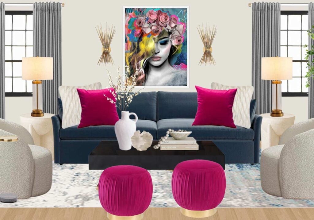 navy sofa with fushia pink living room