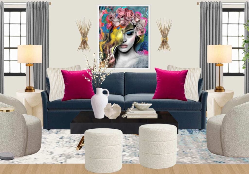 navy sofa with fushia pink living room