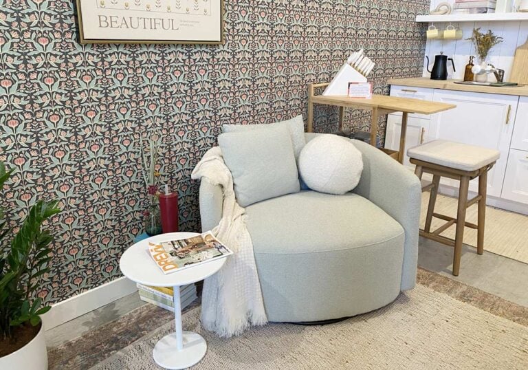 green boho accent chair with white side table