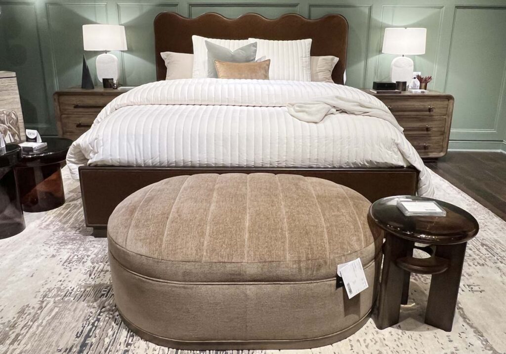 brown leather scallop edge headboard bed