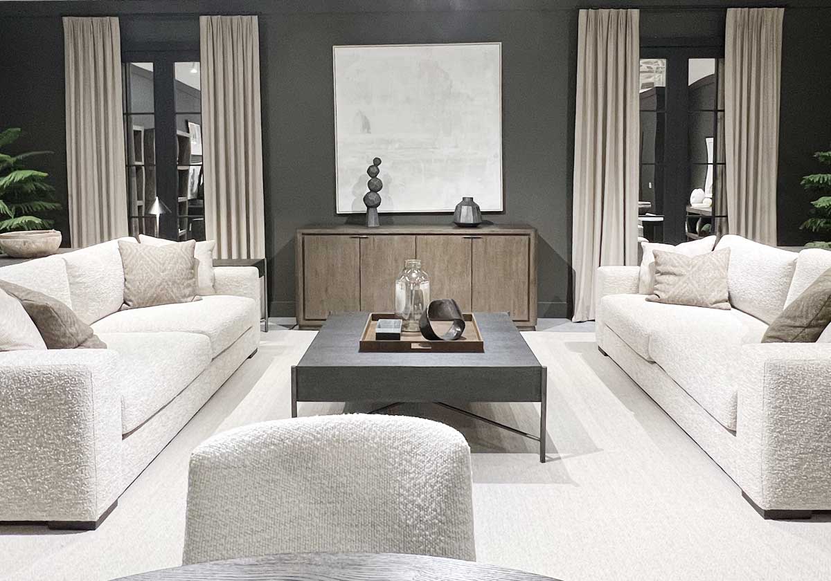 dark wall neutral boucle sofa