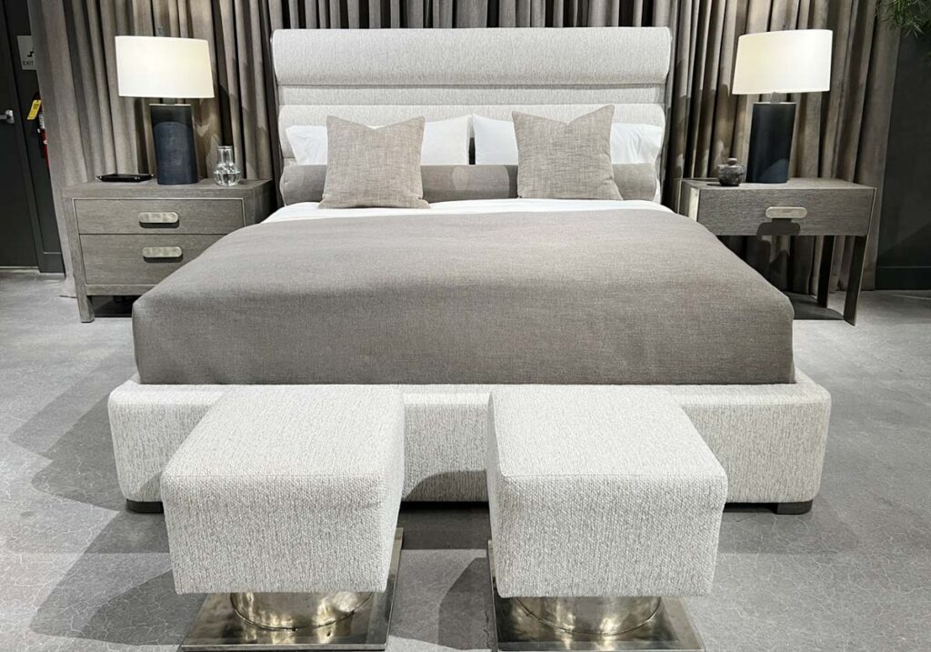 neutral bedroom with boucle bed