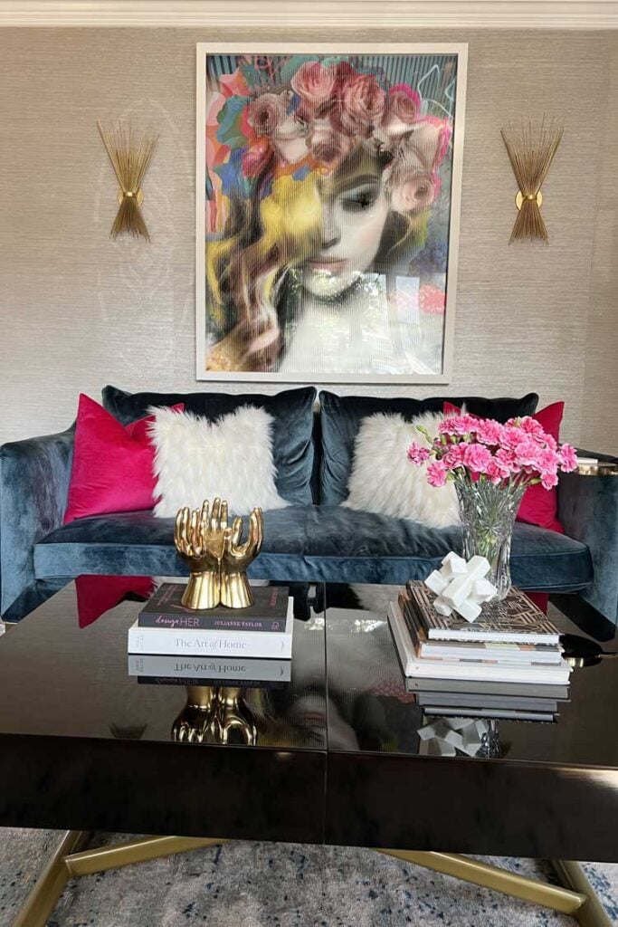 navy velvet sofa pink pillows