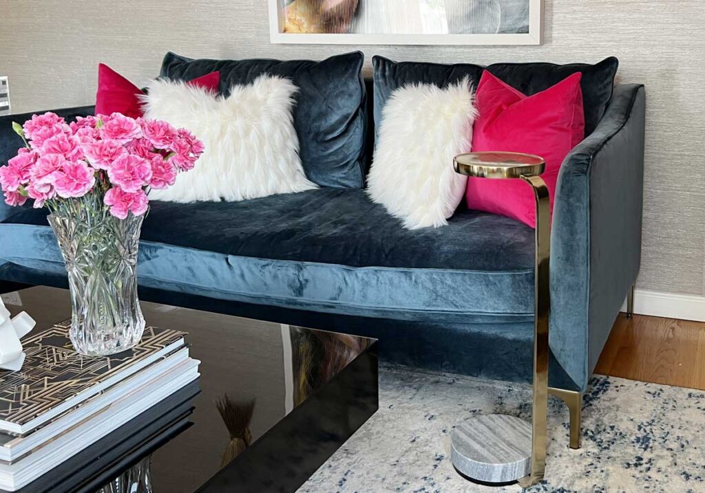 c table with navy sofa