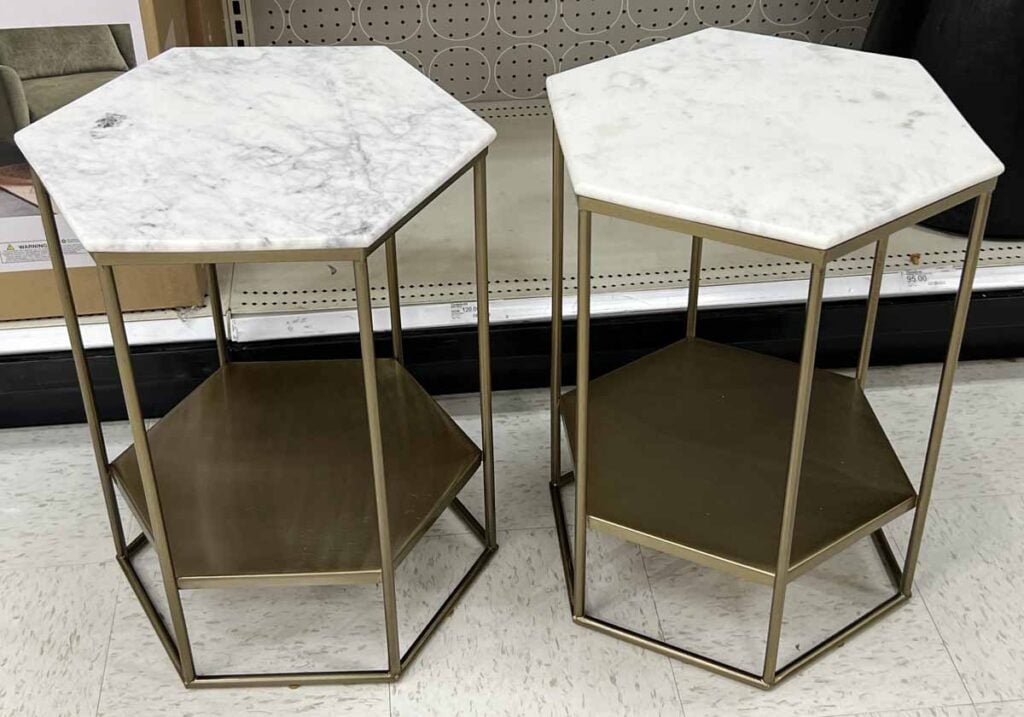 marble hexagon table with gold frame and shelf