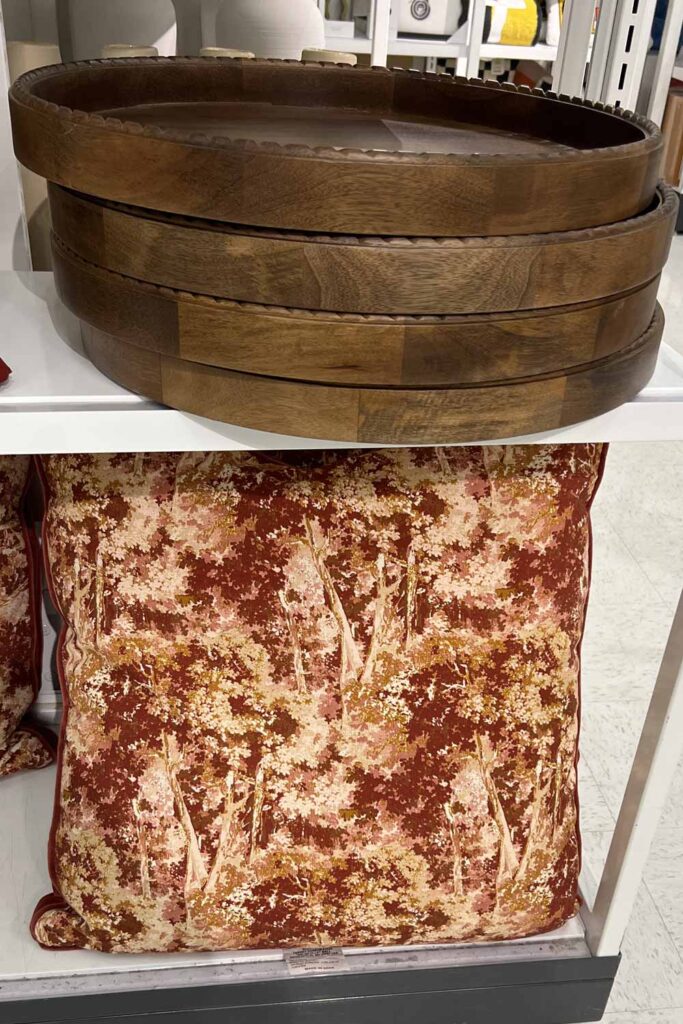 wood tray and pillow decor