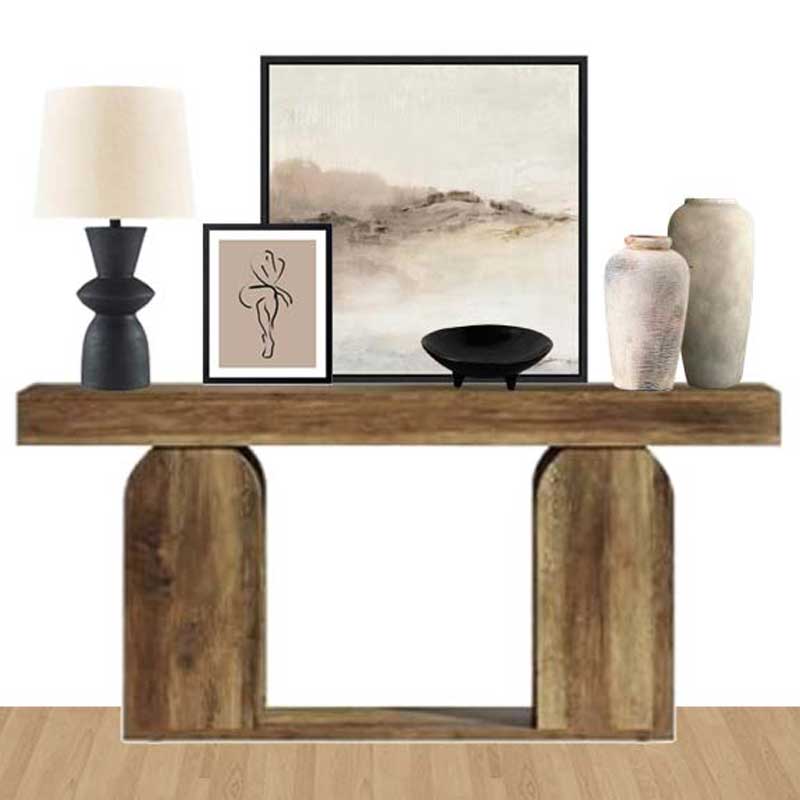 wood arch console table with art and decor