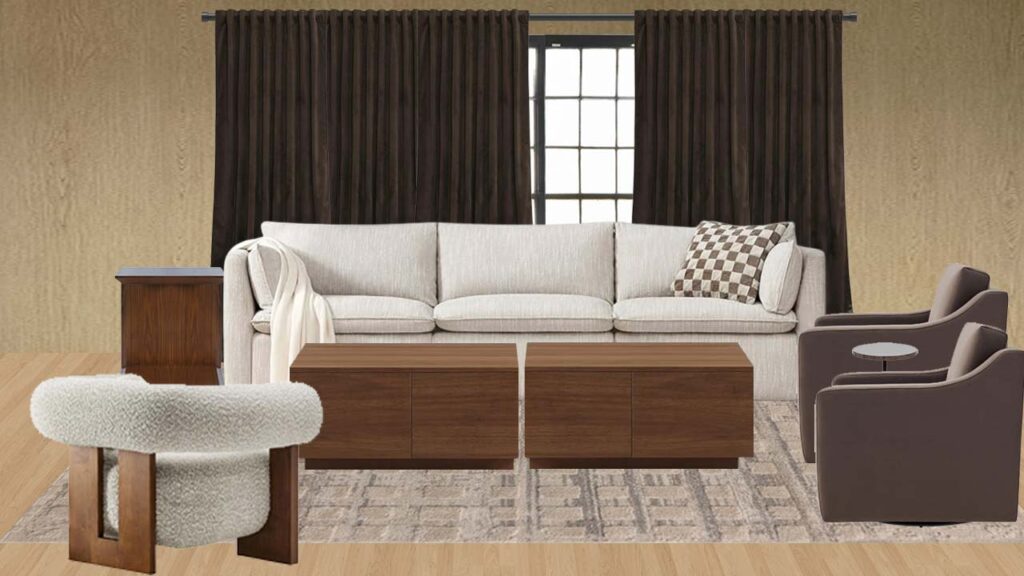 neutral living room brown curtains and wood wallpaper