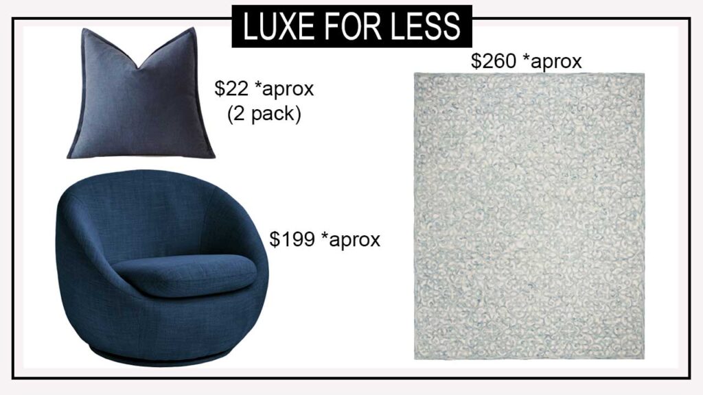 affordable blue home decor pillow, area rug, and accent chair