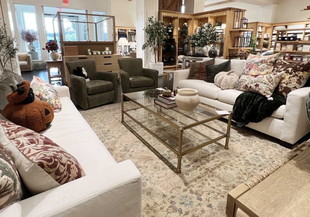 ivory sofa with colorful rug pottery barn fall decor