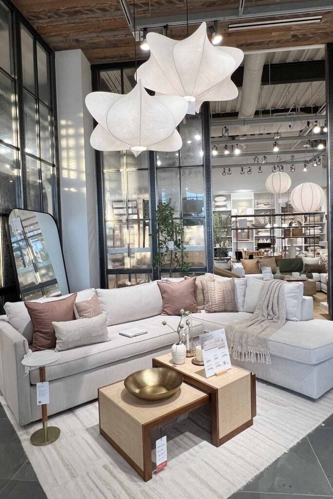 neutral sofa living room with rust pillows west elm decorating ideas