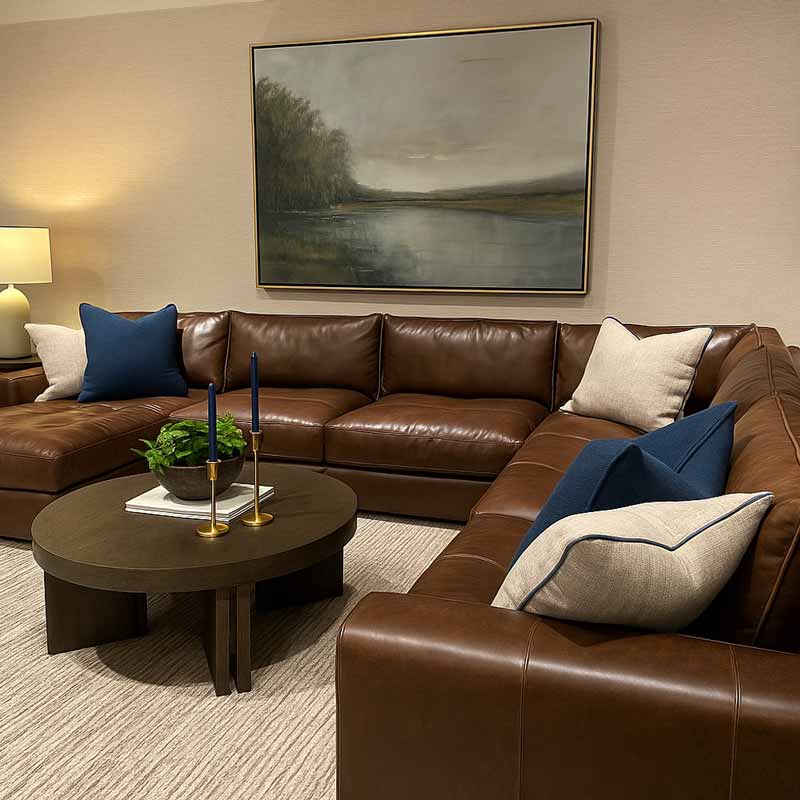 brown leather sectional navy pillows