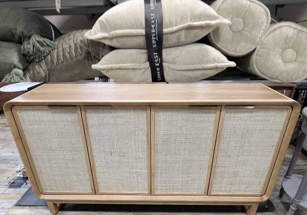 cane front console table with pillows homegoods home decor