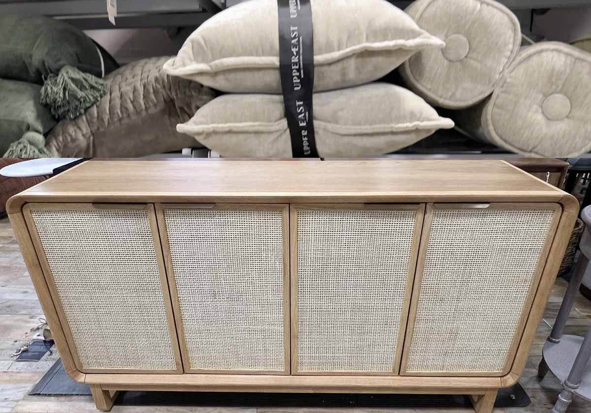 cane front console table with pillows homegoods home decor