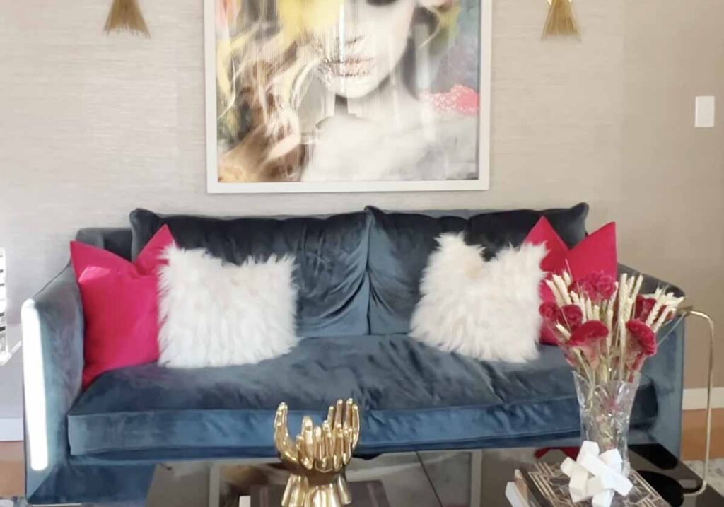 pink pillows navy couch