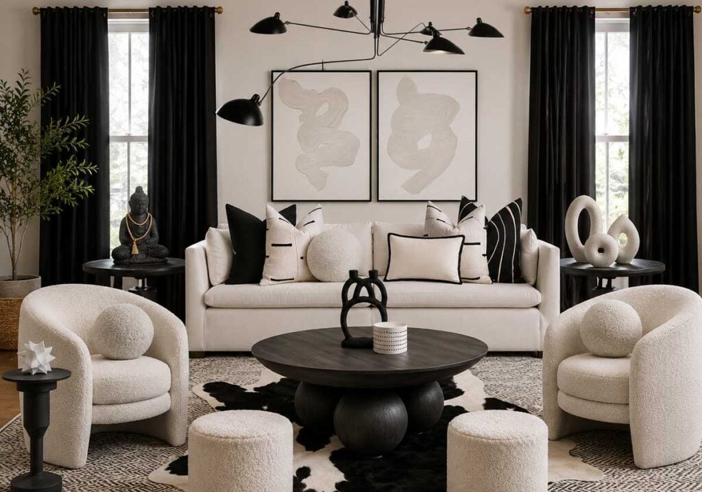 black ivory neutral living room