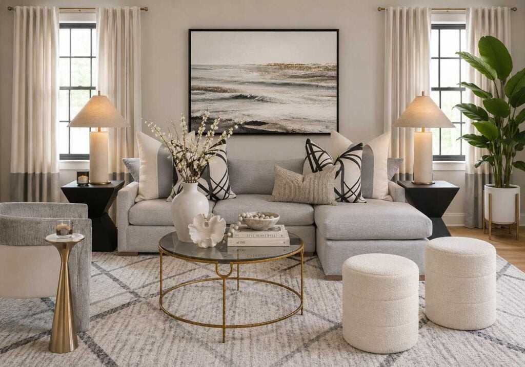 neutral living room with gold accents