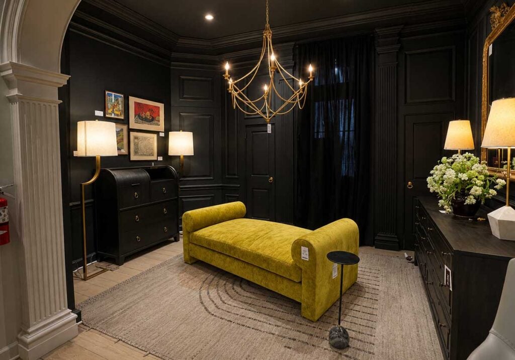 color drench black room with lime chaise