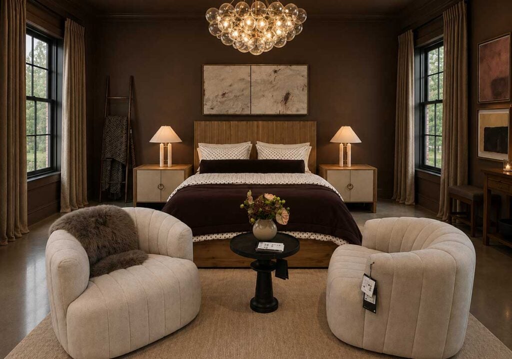 color drenched brown bedroom