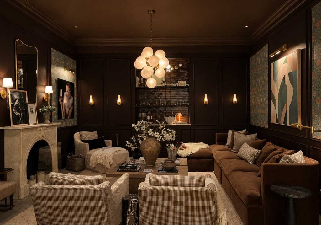 color drenching brown green living room