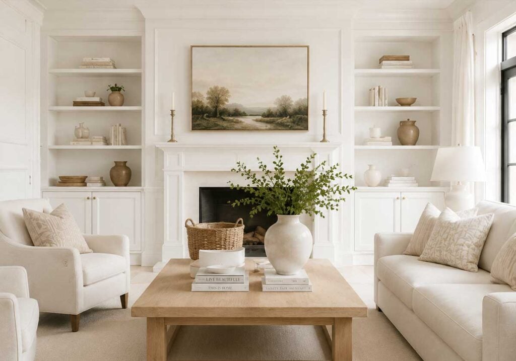 neutral living room with bookcase